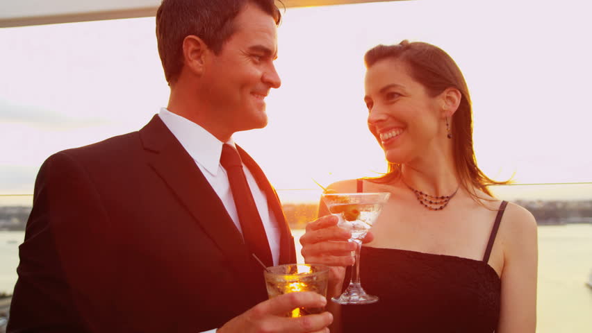 Young Happy Caucasian Woman And Man Toasting And Chilling At Luxury Cocktail Party Dressed In 8818