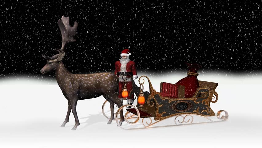 Christmas Animation - Santa, Reindeer, Sleigh, Snow On Black Background