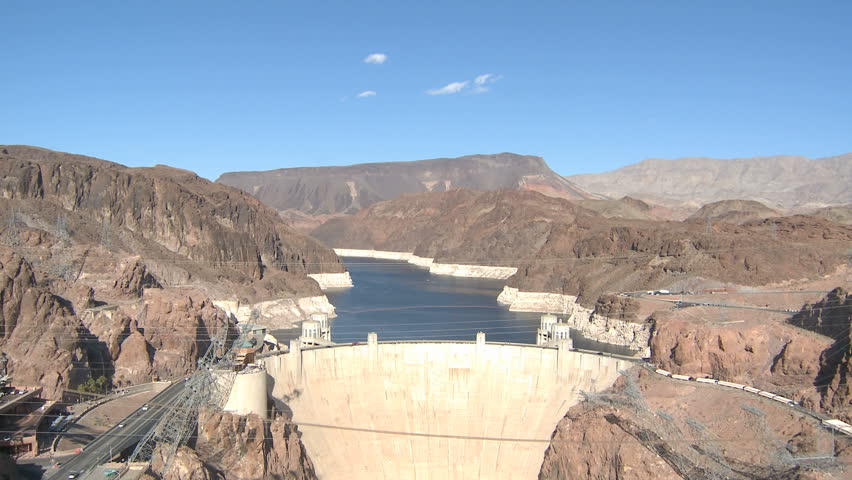 Mid-aerial view of the Hoover Dam, Colorado River and Lake Meade near ...