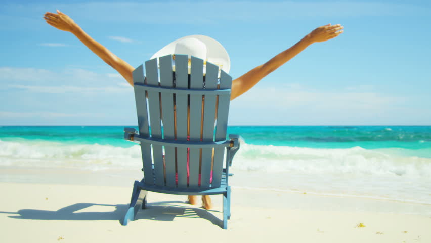 Female Wearing Swimsuit White Straw Hat Relaxing Beach Chair Loving Her ...