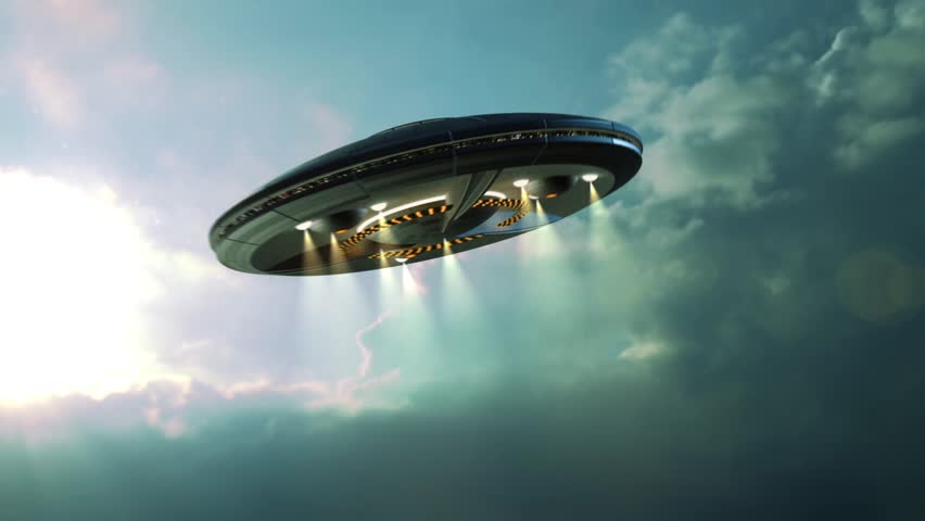 UFO Approaching A Gigantic Mother-ship In The Clouds. Science Fiction ...